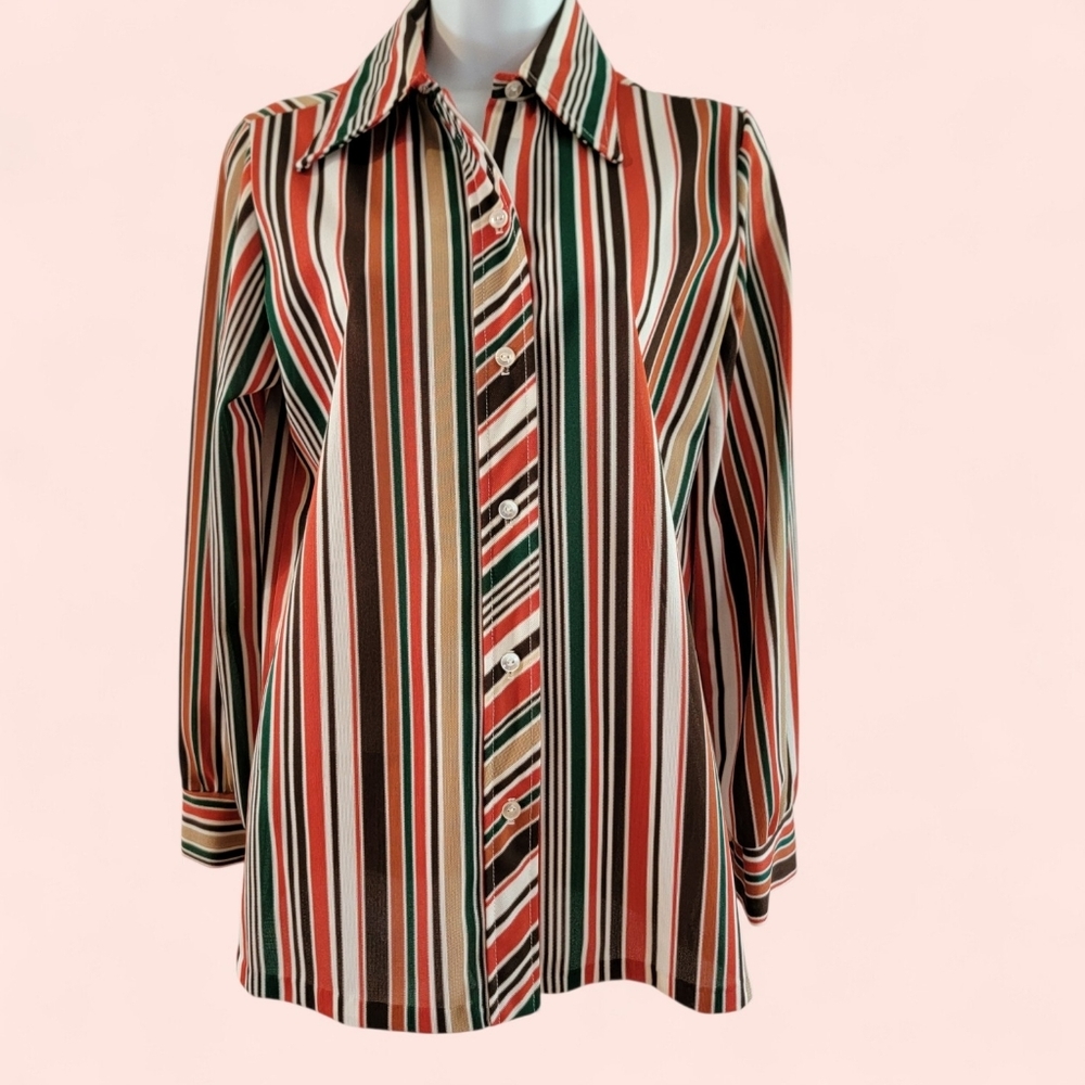 Vintage 70s Striped Dagger Collar Blouse Retro Mod Button Front Top‎